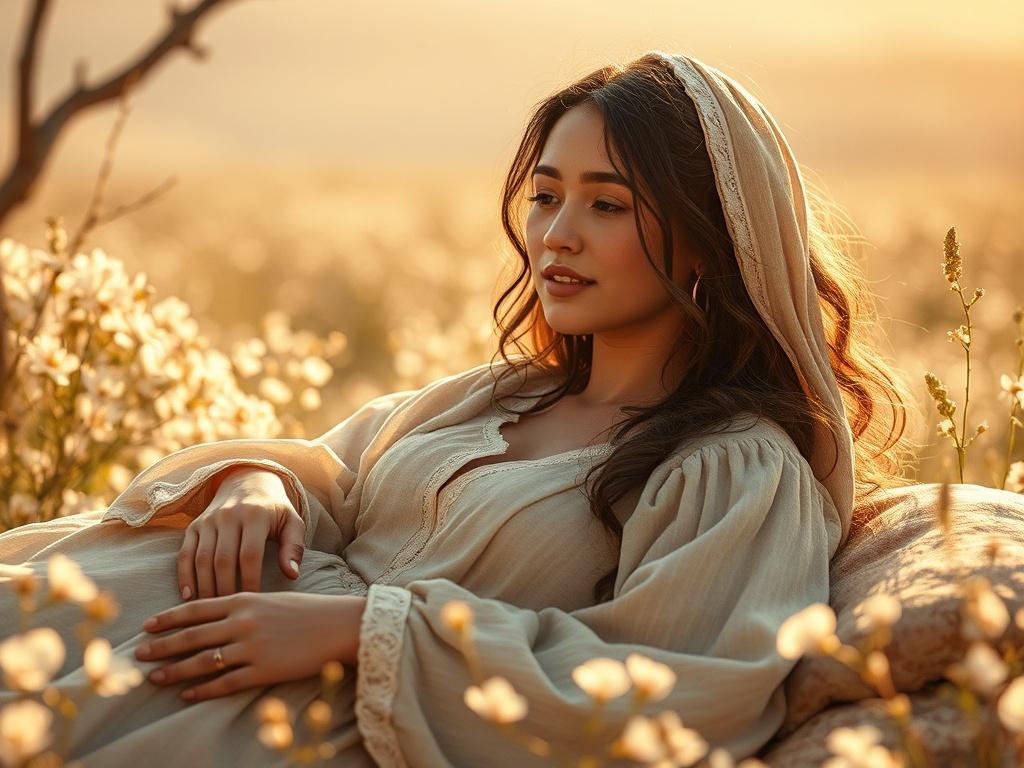 **AI Image Generation Prompt for "How the Barren Conceived" Blog:**

Create a realistic, high-resolution image centered around the theme of hope and transformation, inspired by the stories of barren women in the Bible. The composition should be simple and clear, featuring a single subject – a serene woman resting in a tranquil setting, symbolizing resilience and faith. 

**Subject Matter:** The woman, representing a biblical figure such as Sarah, Hannah, or Elizabeth, should be depicted in a soft, hopeful e