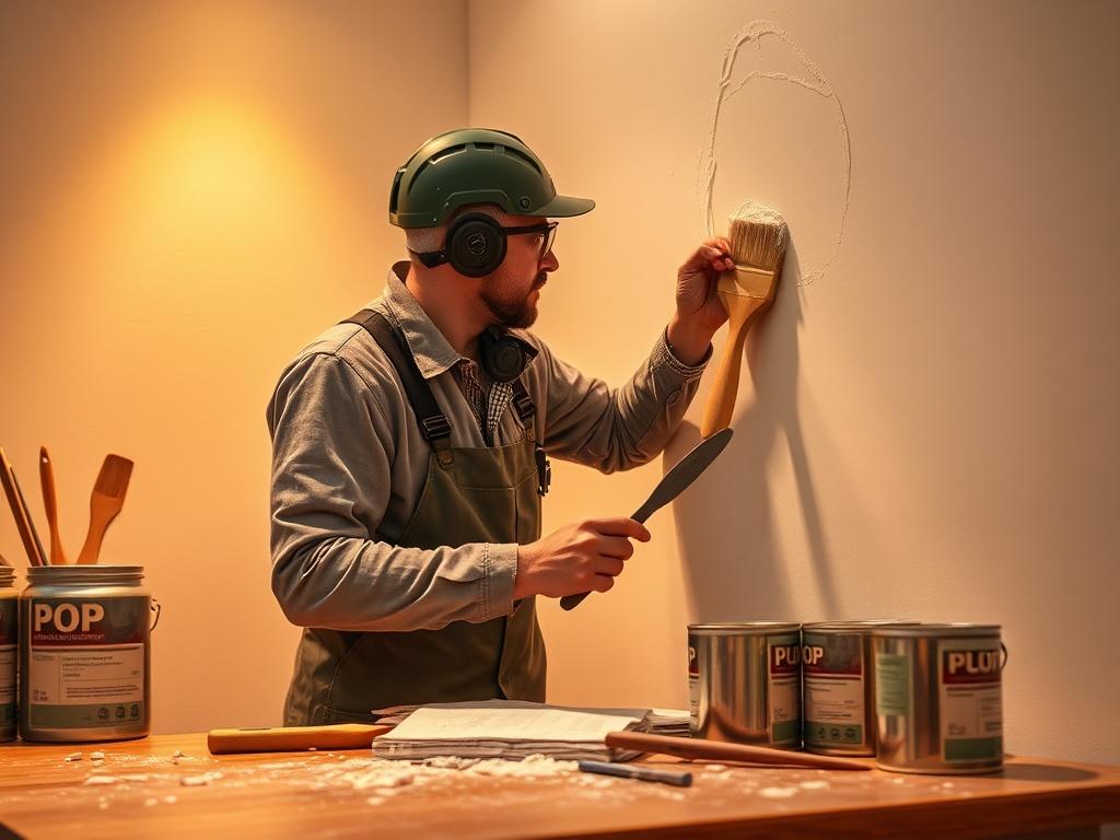A serene and cozy interior scene showcasing a professional applying plaster of Paris (POP) on a wall. The background should have soft lighting with golden hues, emphasizing the smooth texture of the wall. The craftsman should be focused on their task, wearing protective gear, surrounded by tools like a trowel, brush, and paint cans. The atmosphere should feel warm and inviting, conveying professionalism and attention to detail.