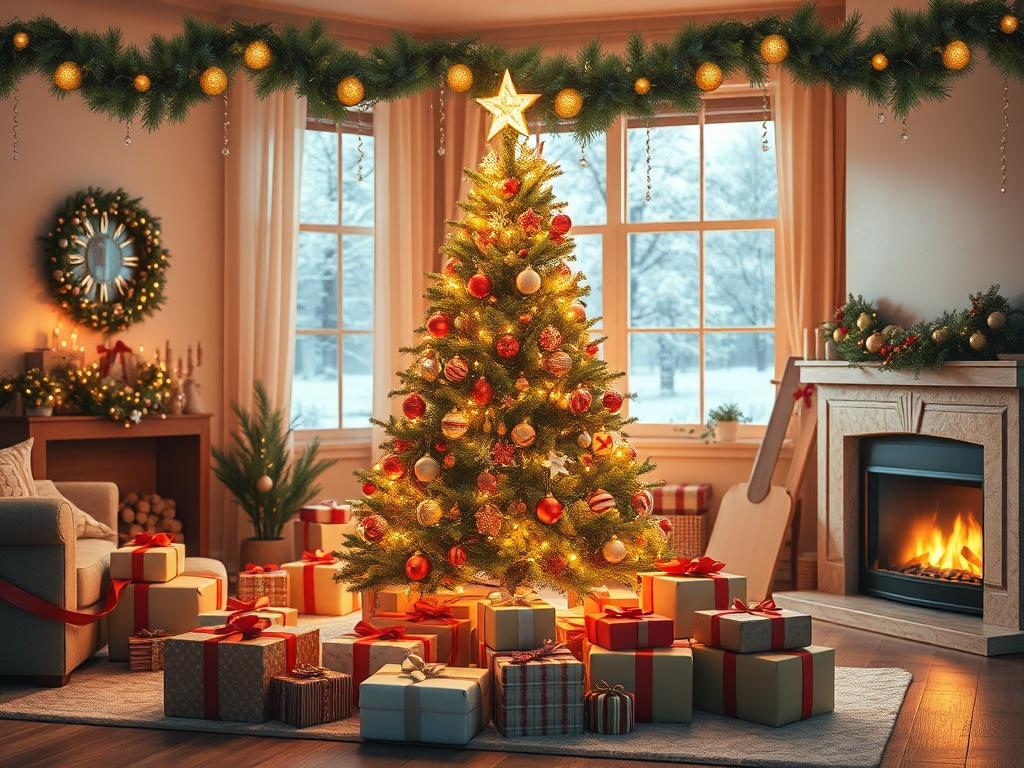 **AI Image Generation Prompt:**

Create a realistic high-resolution photo depicting the warmth and joy of a Christmas Day celebration, centered around a beautifully decorated Christmas tree. The tree should be adorned with sparkling lights, colorful ornaments, and a bright star on top, symbolizing the spirit of giving and unity. Surround the tree with neatly wrapped gifts, showcasing a variety of shapes and sizes to evoke a sense of anticipation and excitement.

The background should feature a cozy living r