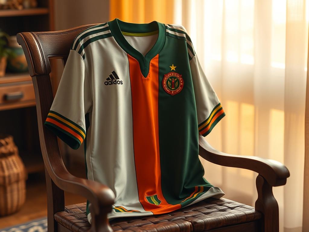 Create a realistic high-resolution image that captures the essence of football in Africa, focusing on the theme "10 African countries with the most FIFA World Cup appearances." 

**Composition**: The image should have a clear and simple focus on a single subject: a vibrant, traditional African football (soccer) jersey prominently displayed in the foreground. The jersey should feature distinctive patterns and colors typical of African culture, symbolizing the spirit and pride of the continent's teams.

**Sub