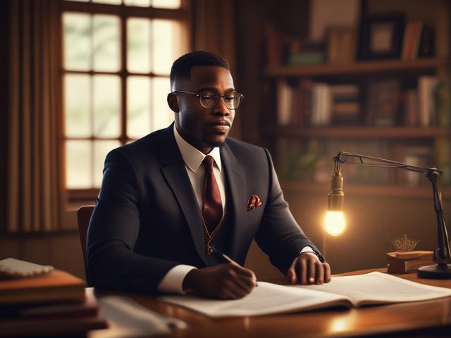 Create a realistic, high-resolution photograph featuring a single, thoughtful African pastor in a cozy, warmly lit study room. The pastor, dressed in a neat dark suit with subtle golden accents, is seated calmly at a wooden desk, holding an open Bible with one hand while gazing thoughtfully into the distance. Soft lighting bathes the scene in golden hues, creating a serene and contemplative atmosphere. In the blurred background, a tasteful shelf with religious books and a simple cross can be seen, adding de