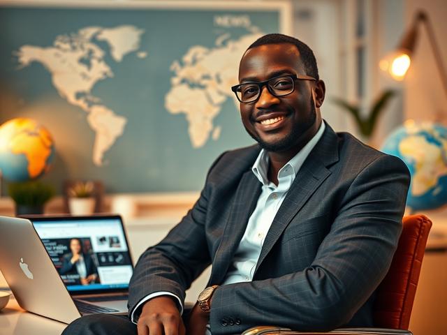 **Prompt for AI Image Generator:**

Create a realistic high-resolution photo that embodies the essence of a blog titled "GLOBAL EVENT NEWS." The composition should be simple and clear, focusing on a single subject: Dr. Richard Okoye, a distinguished figure in the field of global affairs. 

Dr. Okoye should be portrayed engagingly, preferably sitting in a modern office environment that exudes professionalism and warmth. He should be dressed in smart attire, such as a tailored suit, exuding confidence and app