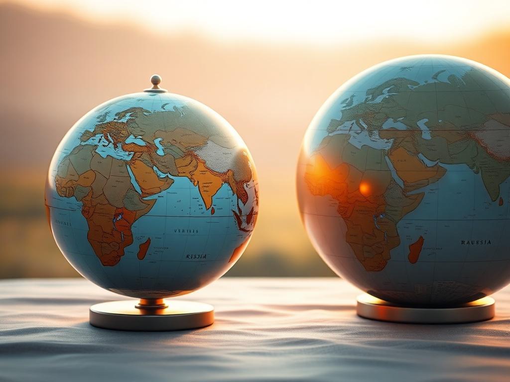 **AI Image Generation Prompt:**

Create a realistic high-resolution photo that illustrates the concept of "The Smallest and Biggest Country in the World, by Population, by Size." The image should feature two distinct and prominent globes placed side by side on a serene, subtly textured tabletop. 

On the left, display a small globe representing Vatican City, the smallest country in the world by geographical size and population. The globe should be clearly defined and rounded, showcasing Vatican City's uniqu