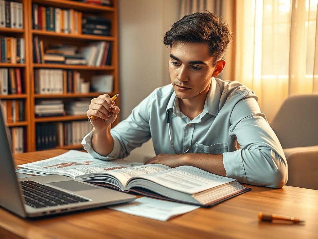 **AI Image Generation Prompt:**

Create a highly detailed, realistic high-resolution photo that captures the essence of the blog titled "Studying Medicine." 

**Composition:** The image should feature a single subject: a focused medical student sitting at a wooden desk immersed in study. The student's face should express determination and concentration. A few open textbooks with visible anatomy diagrams, medical notes, and a laptop displaying medical resources should surround them. 

**Subject Matter:** The