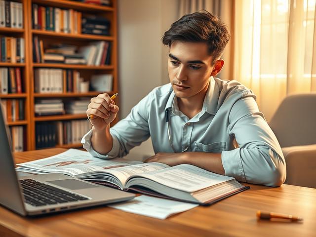 **AI Image Generation Prompt:**

Create a highly detailed, realistic high-resolution photo that captures the essence of the blog titled "Studying Medicine." 

**Composition:** The image should feature a single subject: a focused medical student sitting at a wooden desk immersed in study. The student's face should express determination and concentration. A few open textbooks with visible anatomy diagrams, medical notes, and a laptop displaying medical resources should surround them. 

**Subject Matter:** The