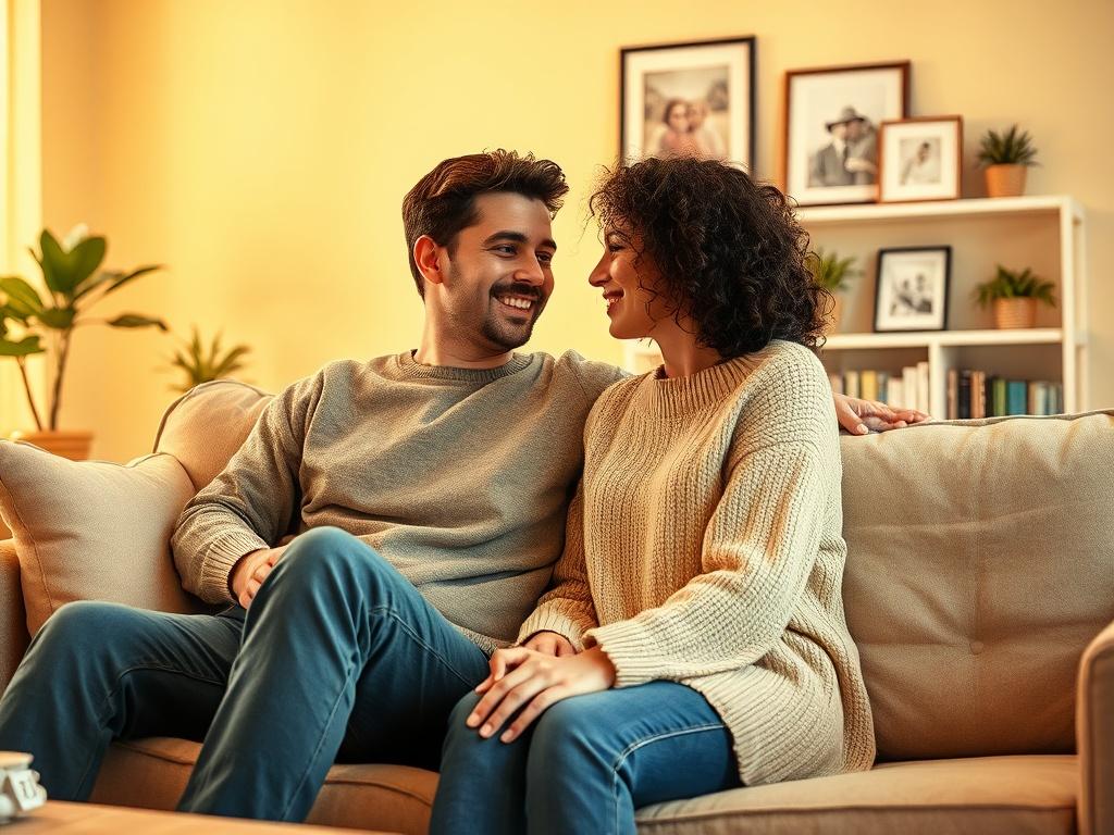 **Prompt for AI Image Generation:**

Create a realistic high-resolution image that captures the essence of the blog titled "How to Cultivate the Habit of Being Faithful to Your Relationship". The focal subject should be a couple sitting peacefully on a cozy sofa in a warmly lit living room. Position the man and woman slightly turned towards each other, exchanging heartfelt glances that convey trust and sincerity. 

The couple should be casually dressed, embodying a warm and inviting atmosphere. The backgrou