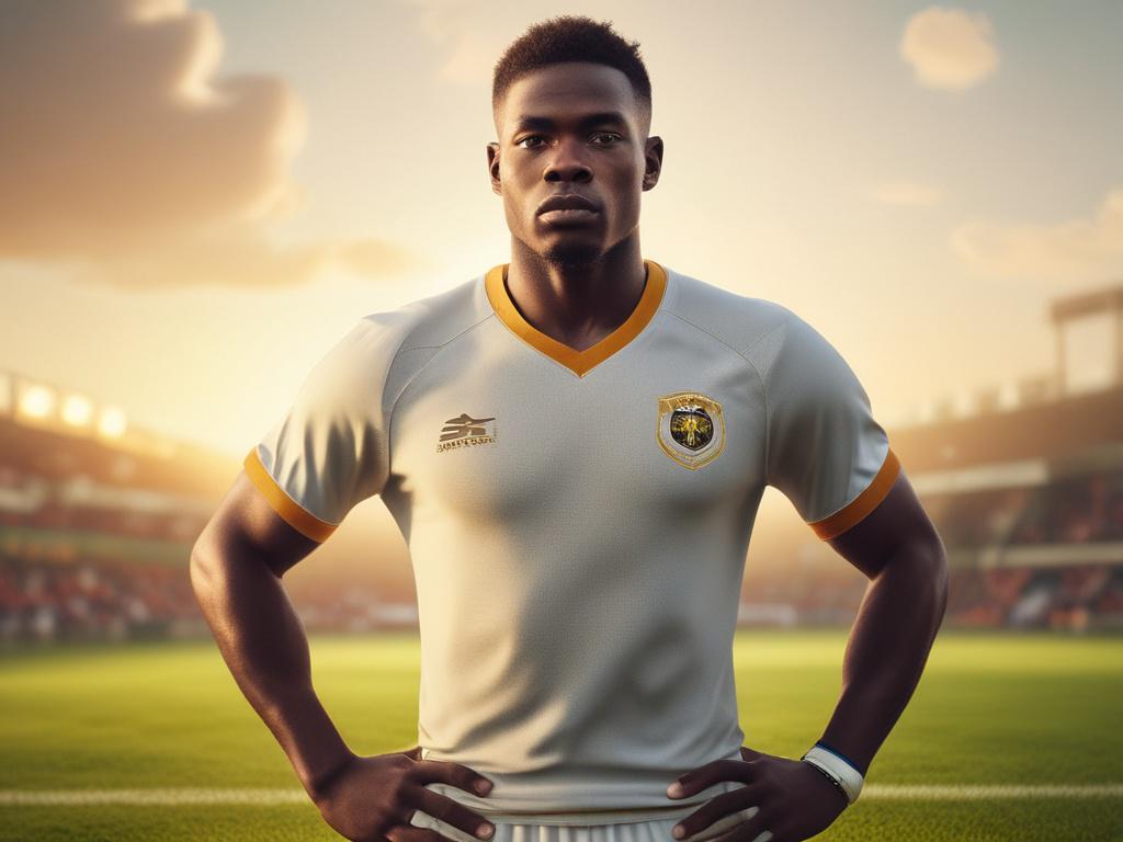 Create a realistic high-resolution photo centered on a single professional African football player standing confidently on a lush, well-maintained football pitch under soft, golden sunlight typical of late afternoon. The player wears a clean, modern football uniform in warm tones that subtly complement rgb(248, 140, 2) and holds a classic black-and-white football at their side. The stadium in the background is softly blurred, with empty stands bathed in cozy, golden hues and soft lighting creating a serene,