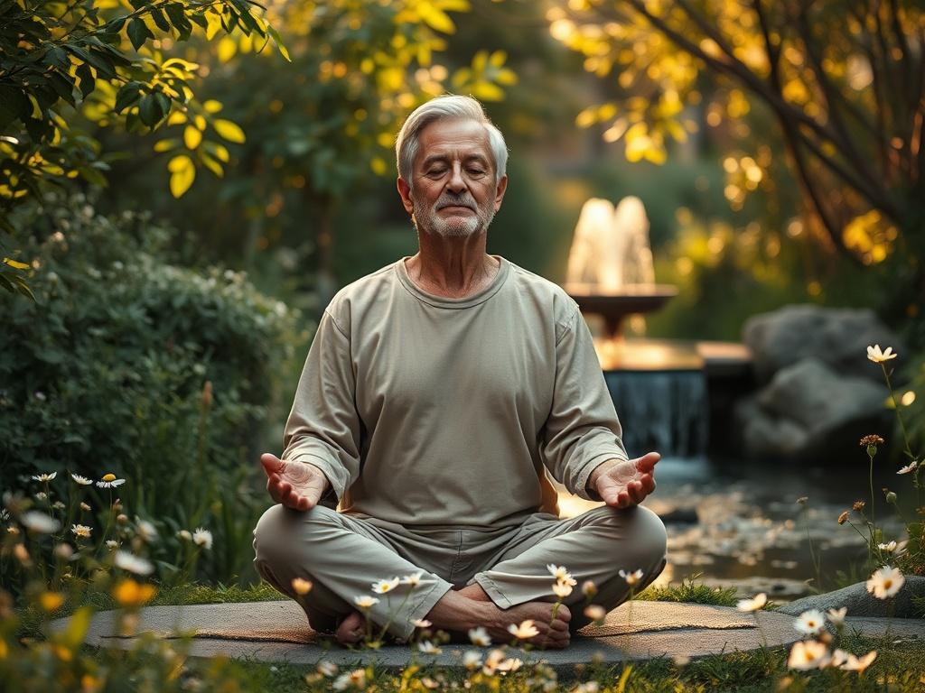 **AI Image Generation Prompt:**

Create a realistic high-resolution photo that embodies the essence of a blog titled "How to Attract Peace of Mind." The composition should be simple and clear, with a solitary subject at the center of the frame – a serene figure practicing meditation in a tranquil garden setting. 

The subject should be a middle-aged individual, comfortably seated in a cross-legged position, wearing relaxed, earth-toned clothing that reflects a sense of calm. Their eyes should be gently clos