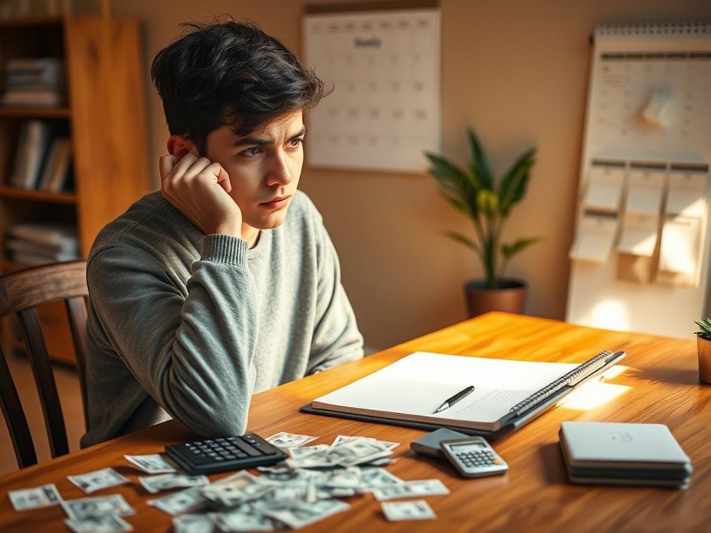 **AI Image Generation Prompt:**

Create a realistic high-resolution image that portrays the theme "Consequences of Living Above Your Income." The composition should be simple and clear, featuring a single subject— a thoughtful young adult sitting at a cozy wooden table, surrounded by scattered bills, a calculator, and a notepad. The person should be portrayed in a moment of contemplation, with furrowed brows and a gentle frown as they evaluate their finances.

The background should depict a softly lit home 