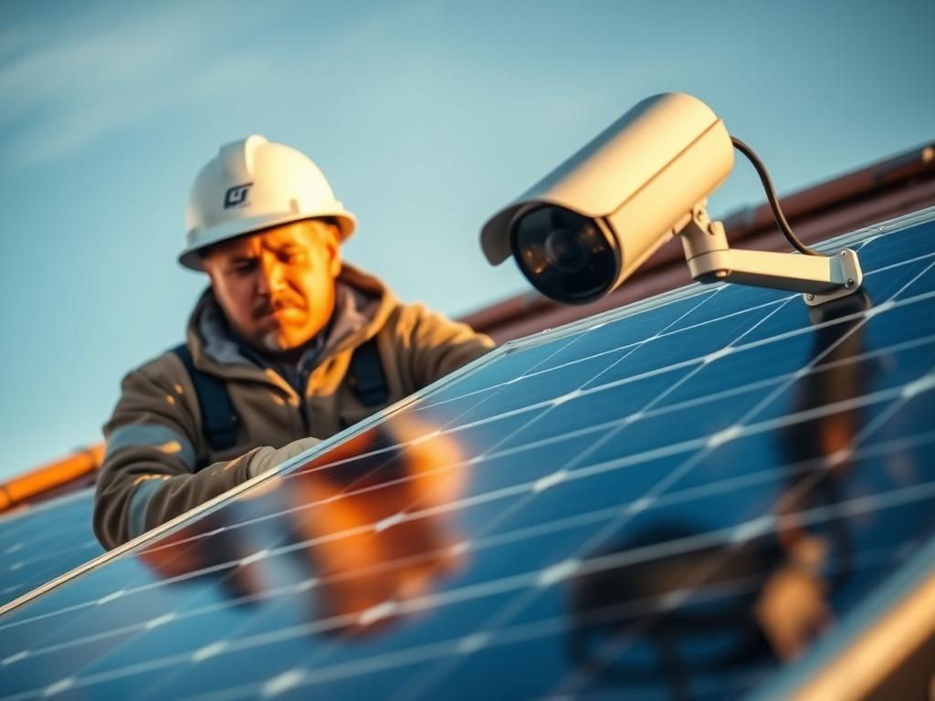 A serene outdoor scene showcasing a professional technician installing solar panels on a roof. The technician is focused and diligent, with clear blue skies in the background. Next to the solar panels, a sleek CCTV camera is mounted, symbolizing security. Soft golden hues and warm lighting enhance the cozy atmosphere, emphasizing the importance of energy efficiency and safety.
