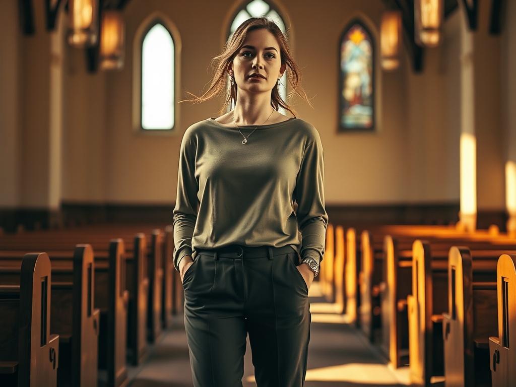 Create a realistic high-resolution image that embodies the themes of Christian women's attire and church practices. The composition should be simple and clear, focusing on a single, confident female subject dressed in modern, stylish trousers and an elegant top, embodying grace and faith. She should have untied, flowing hair that frames her face softly, and subtle, tasteful jewelry that complements her outfit without overpowering it.

The background should be a serene and inviting church interior, infused w