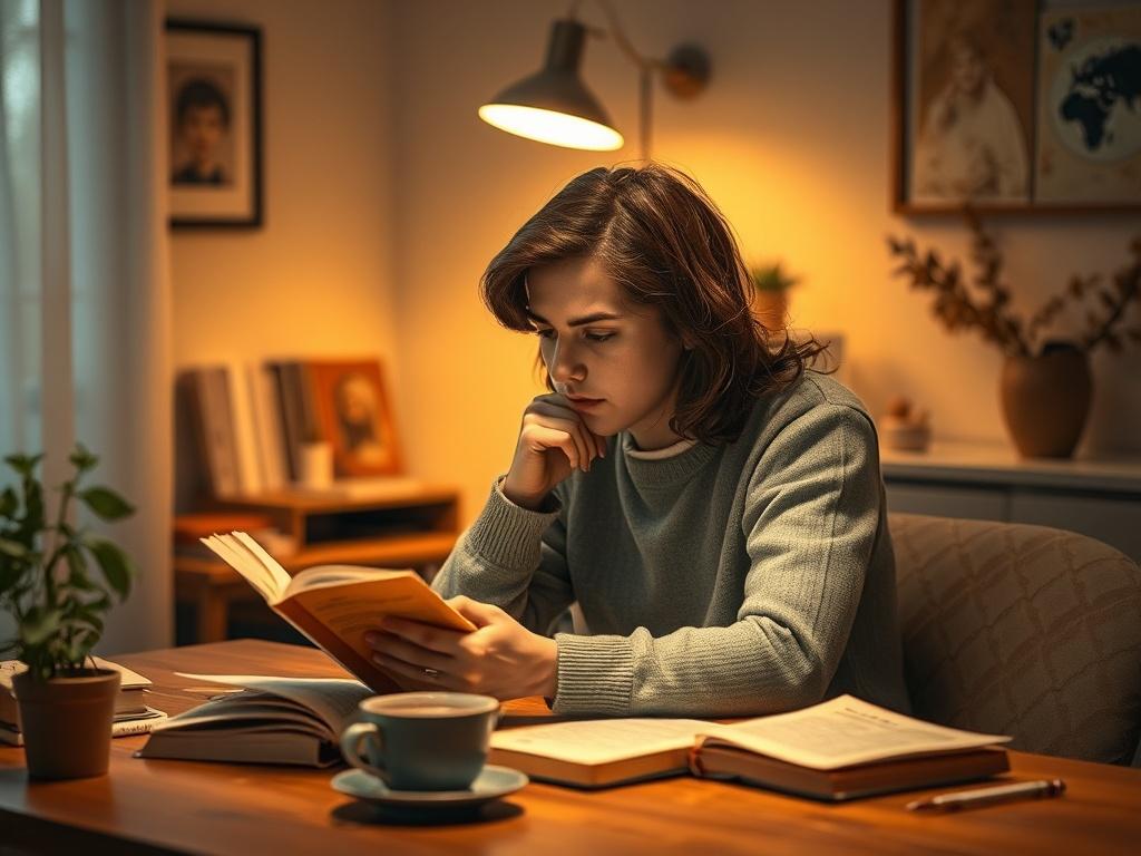 **AI Image Generation Prompt:**

Create a realistic high-resolution photo that encapsulates the essence of a blog titled "What is autism? Causes and prevention." The image should feature a thoughtful, serene young adult sitting at a cozy desk, deep in contemplation as they read a book. The subject should be a person with subtle characteristics that suggest they may have autism, such as focused, intent eyes and a calm demeanor. 

The setting should be warm and inviting, lit with soft, golden hues to create a