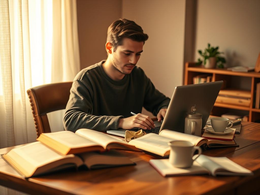 Create a realistic high-resolution photo featuring a single subject: a focused, confident writer seated at a wooden desk in a cozy, warmly lit room. The subject is a person thoughtfully typing on a laptop, surrounded by open books and a steaming cup of tea, embodying engagement and inspiration. The lighting is soft, casting gentle shadows, with golden hues that complement the rgb(193, 153, 87) color palette, enhancing the serene atmosphere. The background is simple and uncluttered—warm beige walls with subt