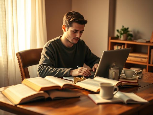 Create a realistic high-resolution photo featuring a single subject: a focused, confident writer seated at a wooden desk in a cozy, warmly lit room. The subject is a person thoughtfully typing on a laptop, surrounded by open books and a steaming cup of tea, embodying engagement and inspiration. The lighting is soft, casting gentle shadows, with golden hues that complement the rgb(193, 153, 87) color palette, enhancing the serene atmosphere. The background is simple and uncluttered—warm beige walls with subt