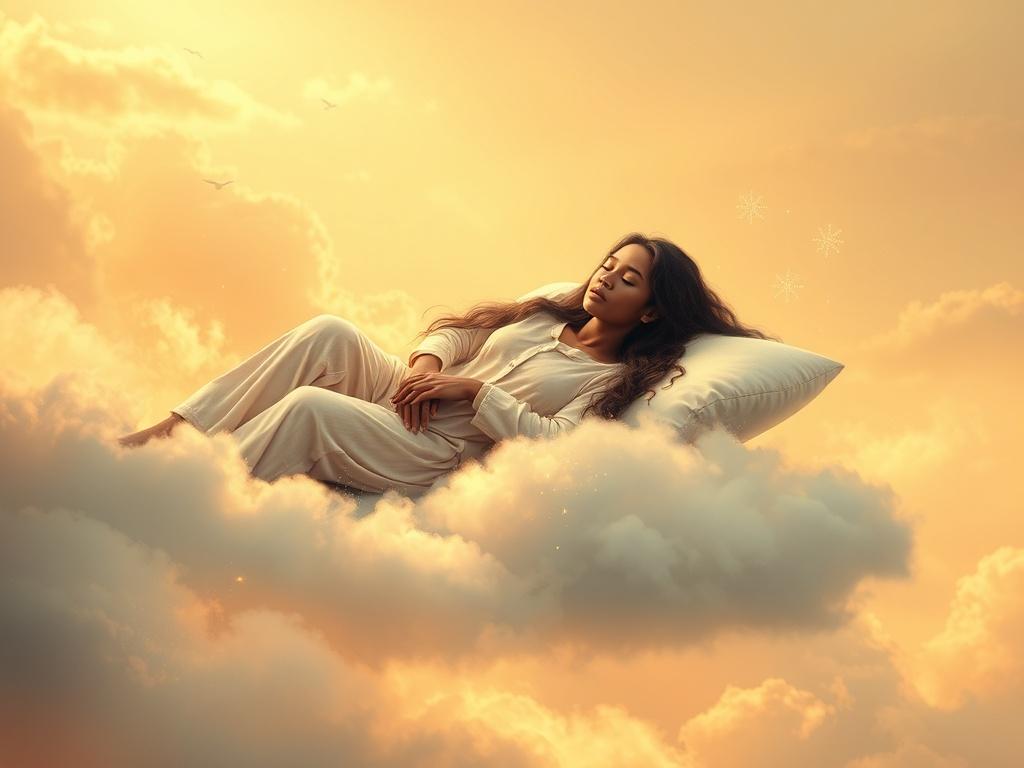 Create a realistic high-resolution photo that captures the essence of "The Dream World." The composition should be simple and clear, featuring a solitary figure lying peacefully on a cloud, symbolizing the tranquility of dreams. The subject is a person of diverse descent, with long flowing hair, wearing soft, flowing pajamas, looking serene and content as they rest peacefully.

The background should consist of a soft, dreamy sky painted in warm pastel hues of golden yellows, soft pinks, and gentle blues, gi