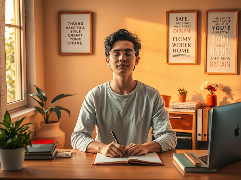 Create a realistic high-resolution photo that encapsulates the theme "Unlocking Your Potentials." The composition should be simple and clear, focusing on a single subject: a young adult, preferably in their late twenties, sitting at a well-organized desk in a cozy, warmly-lit environment. The subject should be engaged in reflective meditation, with a notebook and pen placed in front of them, symbolizing the process of self-discovery and identifying personal goals. 

In the background, include soft, golden h