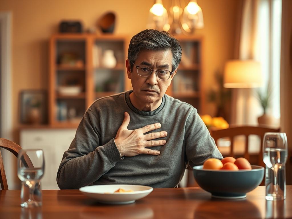 Create a realistic high-resolution photo that reflects the theme of "Causes of Heart Failure." The image should feature a single subject: a worried individual in their 40s, sitting at a tidy dining table, holding their chest with a concerned expression. The person should have a medium build and an expression that conveys both concern and contemplation, representing the emotional impact of heart failure.

The background should be softly blurred to emphasize the subject, depicting a cozy home setting with war