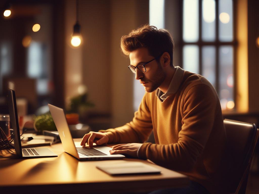A realistic high-resolution photo of a professional web developer working on a sleek modern laptop in a cozy, warmly lit workspace. The scene is bathed in golden hues with soft lighting, creating a serene atmosphere. The background features subtle elements like a coffee cup and minimalistic decor, emphasizing focus and creativity. The overall color tone harmonizes with rgb(245, 77, 77) as the primary color, reflecting passion and energy in the work environment.