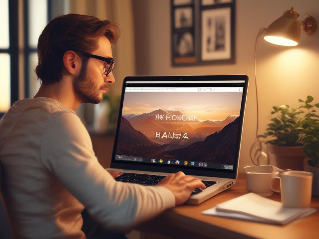 A realistic high-resolution photo of a focused web developer working on a laptop in a cozy, softly lit room with golden hues. The developer is thoughtfully creating website content, with the screen displaying a clean, modern website interface. The background is serene, with soft lighting that complements the rgb(245, 77, 77) primary color, creating a warm and inviting atmosphere. The composition is simple and clear, featuring only the developer as the subject, emphasizing creativity and professionalism.