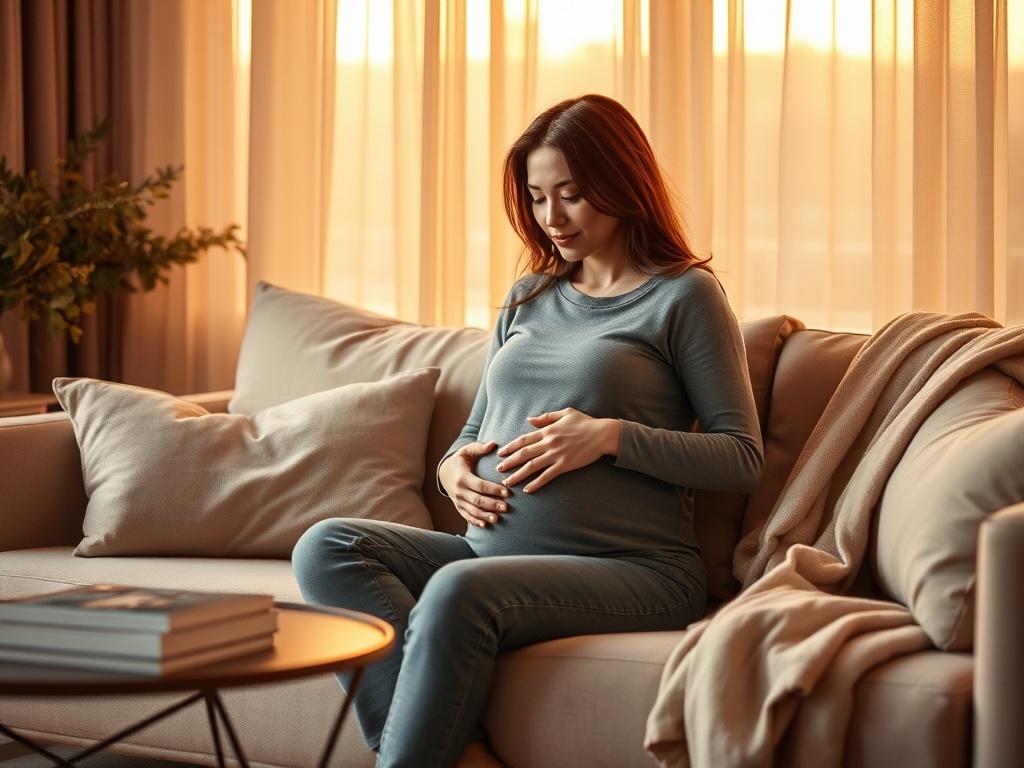**Prompt for AI Image Generator:**

Create a realistic high-resolution photo that reflects the theme of the blog titled "How to Determine Your Baby's Sex." The image should feature a serene, cozy atmosphere with golden hues and soft lighting effects. In the foreground, place a pregnant woman sitting comfortably on a plush, neutral-toned sofa, gently cradling her baby bump. She should have a thoughtful expression, symbolizing anticipation and curiosity.

The background should be softly blurred to maintain fo