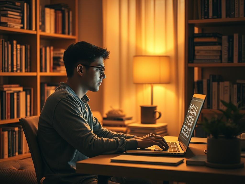 **Image Generation Prompt:**

Create a high-resolution, realistic photo that captures the essence of the blog titled "How has sexual content corrupted the online space and media space." The composition should feature a single, contemplative figure (adult) seated at a desk, surrounded by a cozy, softly lit environment that exudes a sense of introspection and concern. 

The subject should have a neutral expression, dressed in casual, comfortable clothing, as they gaze thoughtfully at a laptop screen displayin