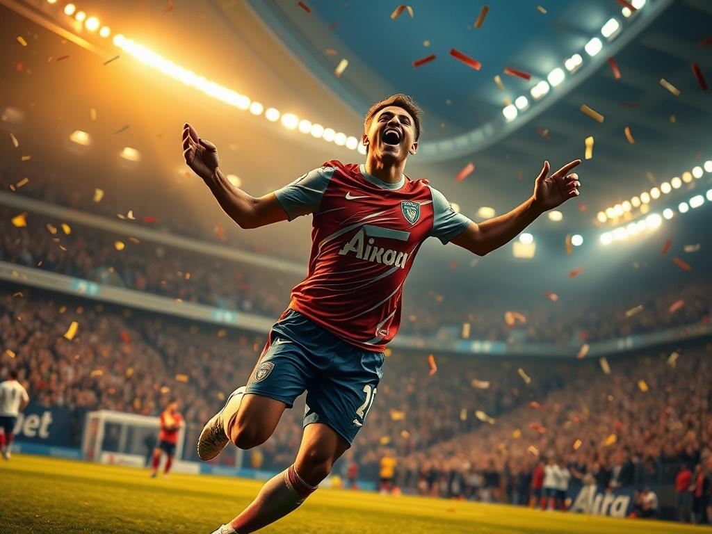 **AI Image Generation Prompt:**

Create a realistic, high-resolution photo depicting a singular, dynamic subject showcasing the thrilling moment of “The Fastest Hat Trick in Football.” Center the composition around a professional football player, mid-action, with an exuberant expression of triumph as they celebrate scoring a hat trick. The player should be depicted wearing a kit emblematic of a top-tier club, with intricate details reflecting the fabric and colors.

In the background, create a vibrant footb