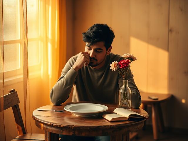 Create a high-resolution, realistic image that visually represents a thought-provoking blog titled "What are the Implications of Eating in the Dream." The composition should be simple and clear, focusing on a single subject: a deeply contemplative individual sitting at a small, rustic wooden table, gazing thoughtfully at an empty plate. The person should appear reflective, perhaps a hint of concern or curiosity on their face, capturing the essence of the blog's themes.

The background should feature a softl