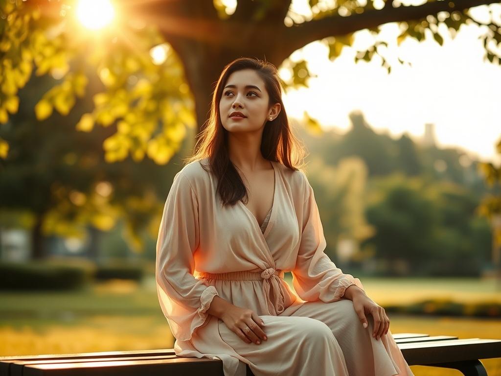 Create a realistic high-resolution image to represent a blog titled "Unlocking Your Potential." In the composition, feature a single subject, a young woman sitting in a serene outdoor setting, embodying a state of deep contemplation and empowerment. She should be positioned on a softly lit bench under a tree, with gentle sunlight filtering through the leaves, casting a warm, golden hue around her.

The woman, elegantly dressed in a light, flowing outfit that reflects a sense of freedom, should be gazing tho