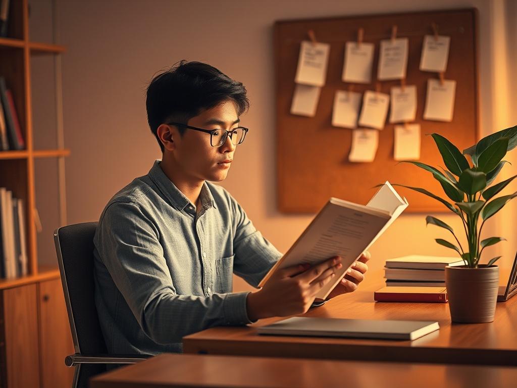 **AI Image Generation Prompt:**

Create a realistic, high-resolution image that embodies the exploration of career choice. The composition should be simple and clear, featuring a solitary figure seated at a stylish wooden desk, reflecting deep contemplation. The subject is a young adult, thoughtfully reviewing a career guidance book, with expression conveying a sense of purpose and ambition.

The background should consist of a cozy office environment, adorned with soft lighting that bathes the scene in warm