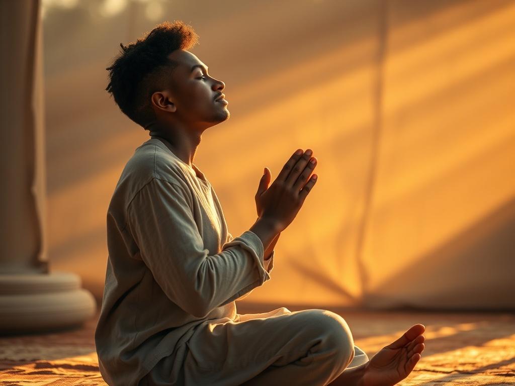 **AI Image Generation Prompt:**

Create a high-resolution, realistic photograph that embodies the theme of a spiritual journey towards receiving the baptism of the Holy Spirit and speaking in tongues. The composition should be simple and clear, focusing on a single subject: a serene, contemplative person kneeling in a peaceful, softly lit environment.

**Subject Matter:** 
The subject is a person, preferably a diverse individual, deeply engaged in prayer or meditation. Their expression should reflect a mome