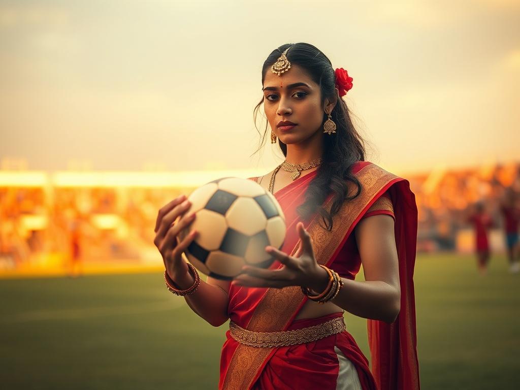 **AI Image Generation Prompt:**

Generate a realistic high-resolution image that visually encapsulates the intriguing concept of "Does India use magical powers to prosecute football matches?" 

**Composition:**  
Focus on a single subject positioned centrally within the frame. The subject should be a mystical figure dressed in traditional Indian attire, holding a football that emits a soft, glowing aura, symbolizing magical powers. 

**Subject Matter:**  
The mystical figure should be a young woman with an 