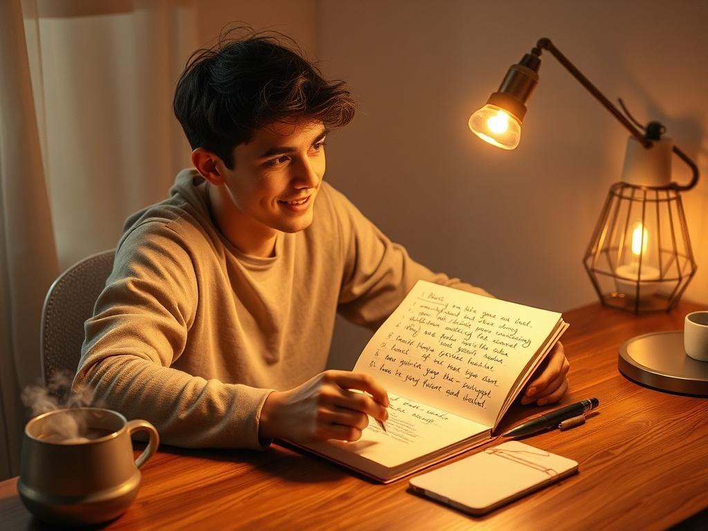 Create a realistic high-resolution photo that captures the essence of a motivational blog titled "Unlocking Your Potential: The Power of Self-Motivation." The composition should be simple and clear, focusing on a single subject. 

The subject should be a young adult sitting at a cozy wooden desk, looking thoughtfully at an open notebook filled with handwritten goals and aspirations. The individual should embody a sense of determination and inspiration, with a gentle smile that reflects self-confidence. They
