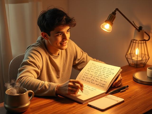 Create a realistic high-resolution photo that captures the essence of a motivational blog titled "Unlocking Your Potential: The Power of Self-Motivation." The composition should be simple and clear, focusing on a single subject. 

The subject should be a young adult sitting at a cozy wooden desk, looking thoughtfully at an open notebook filled with handwritten goals and aspirations. The individual should embody a sense of determination and inspiration, with a gentle smile that reflects self-confidence. They