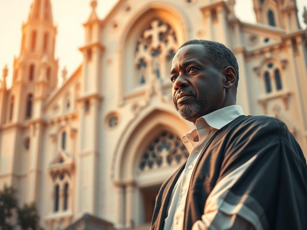 **AI Image Generation Prompt:**

Create a realistic high-resolution photo that embodies the theme of "The Church's Dilemma: Structures Over Souls." The composition should be simple and clear, focusing on a single subject—a thoughtful church pastor standing outside a grand, sprawling church building. The pastor, a middle-aged African man with a contemplative expression, should be dressed in formal attire, symbolizing his dedication to his role.

In the background, the impressive church structure looms large 