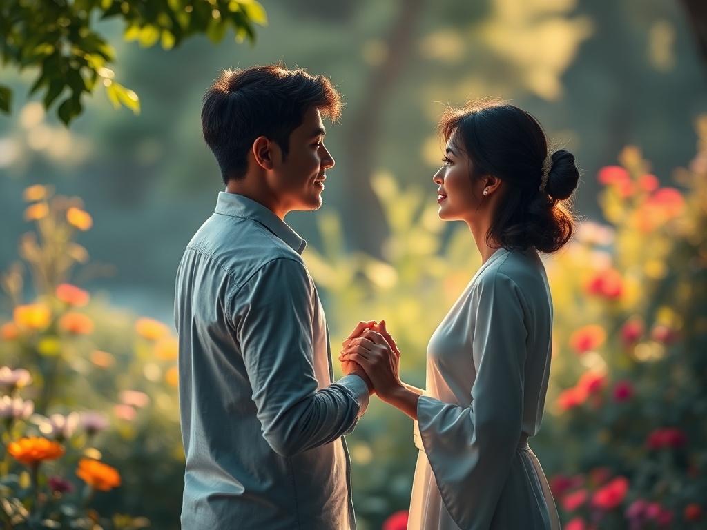 A serene couple holding hands, gazing into each other's eyes,