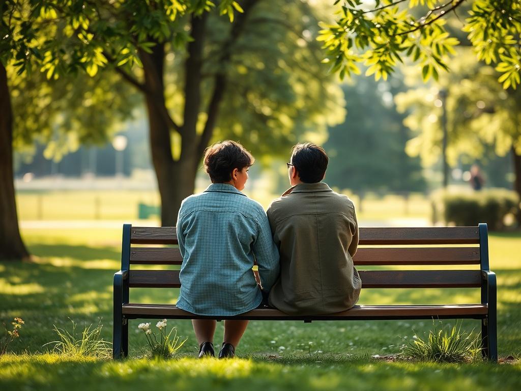 A couple sitting together on a bench in a peaceful