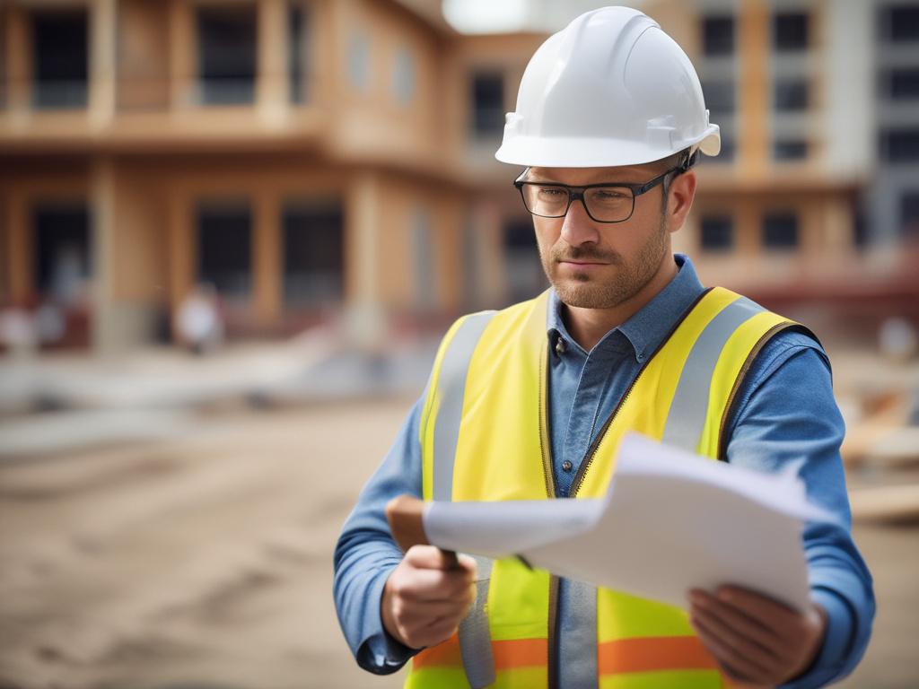close up of a construction manager overseeing a project, blueprints