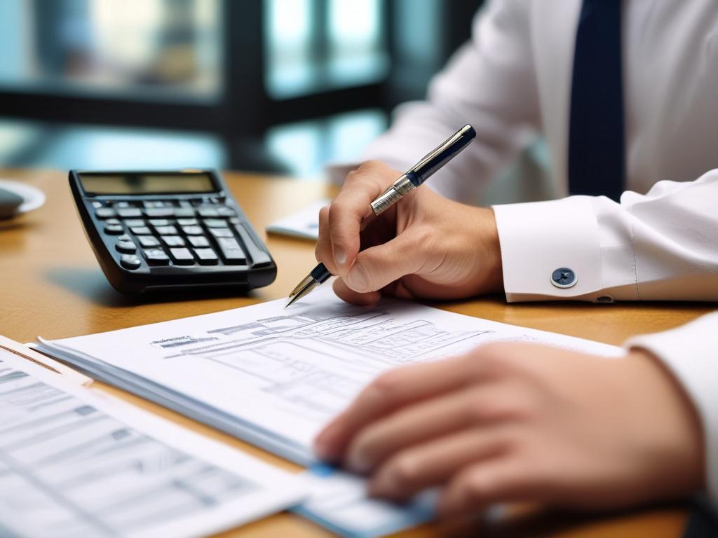A close-up shot of a financial advisor reviewing a cost management report with a calculator in hand. The background features a modern office space with soft lighting, creating a professional and approachable atmosphere. The advisor is focused and engaged, showcasing expertise in cost management. Shot with a 45mm f/1.2 lens.