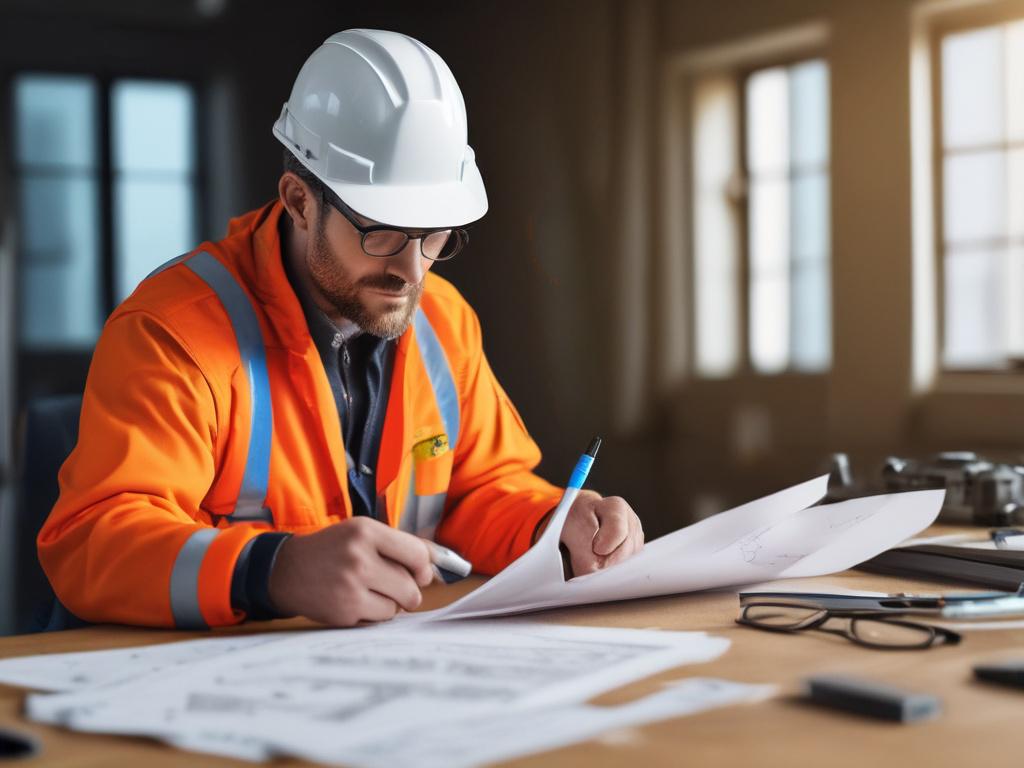 a realistic close up of a quantity surveyor reviewing plans