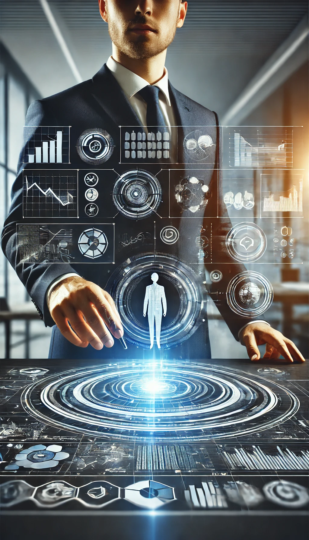 dall·e 2025-02-05 12.11.44 - a futuristic and professional concept representing customized business solutions. the image should be vertical and feature a modern, high-tech environ.webp