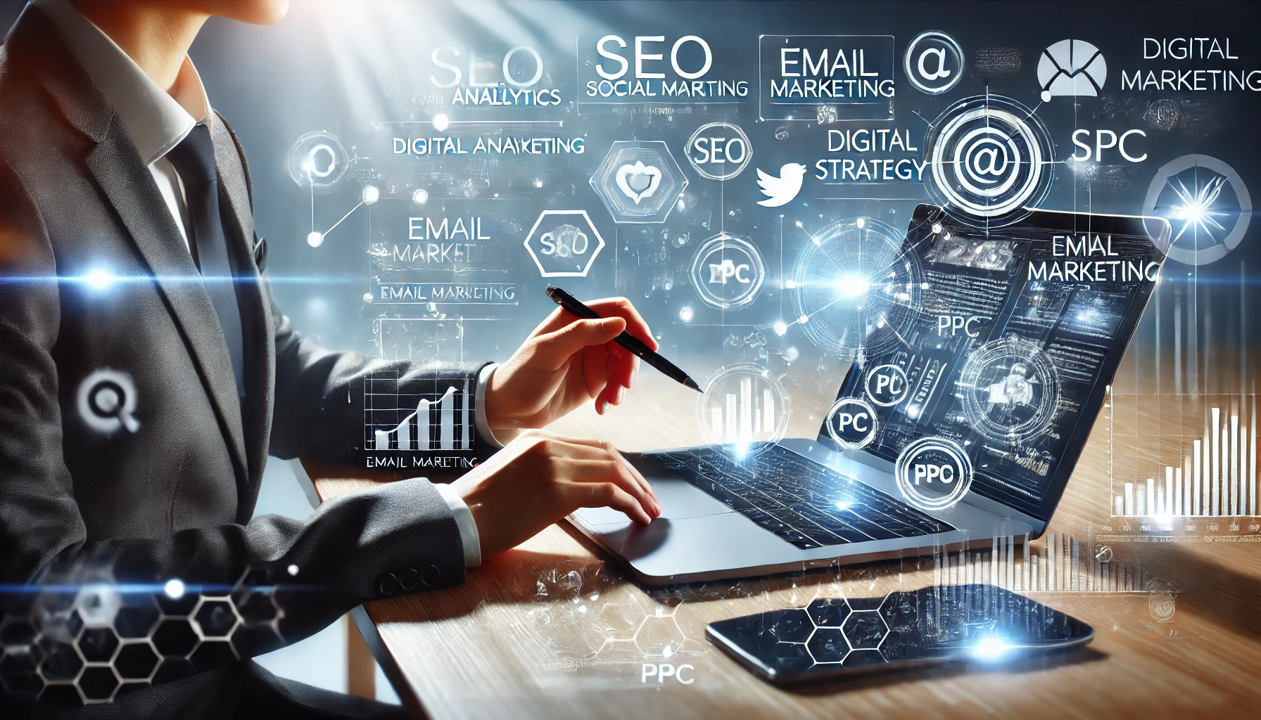 dall·e 2025-02-05 11.25.06 - a professional digital marketing strategy concept. the image should feature a modern workspace with a sleek laptop displaying digital analytics, marke.webp