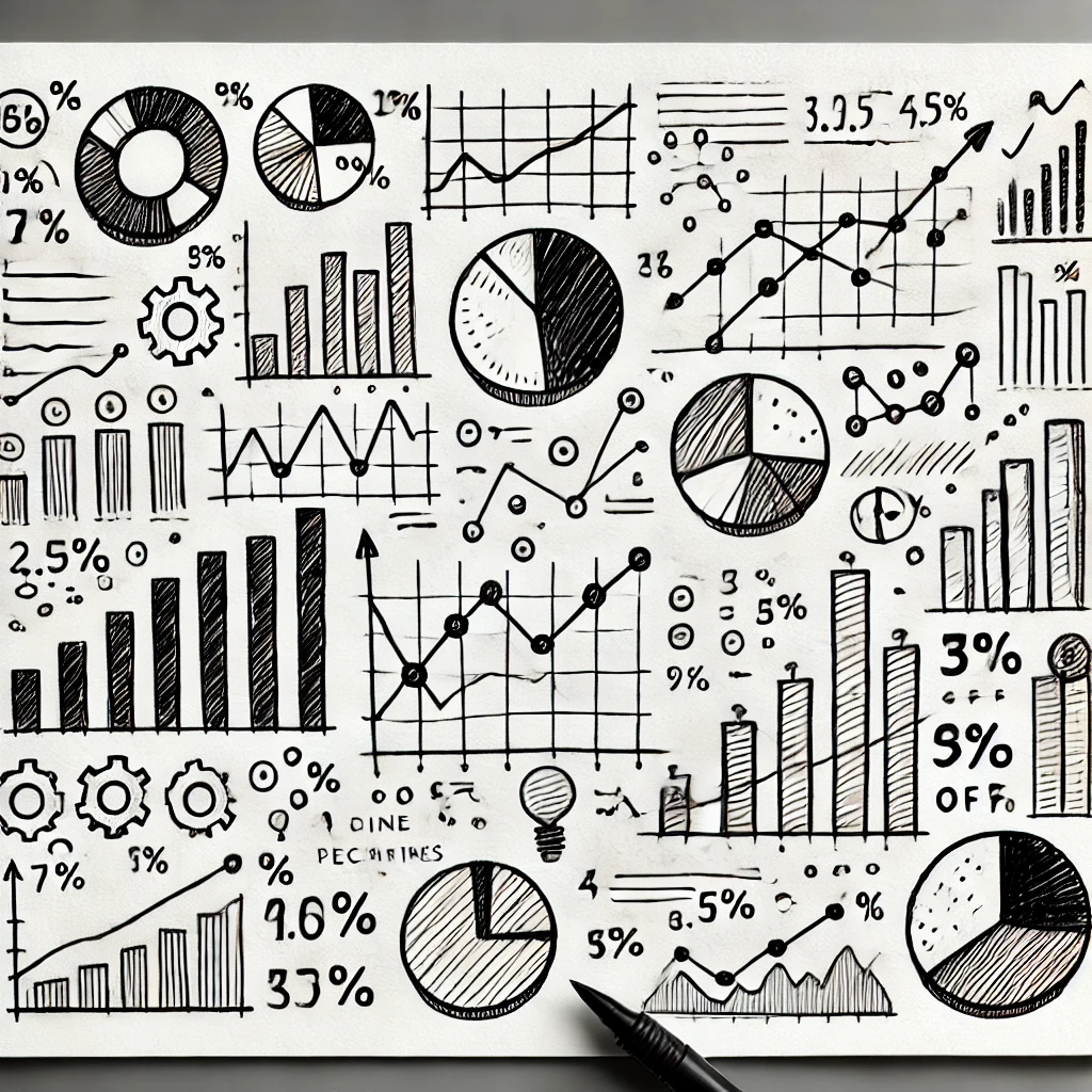 dall·e 2025-03-24 12.14.36 - a hand-drawn sketch on a white piece of paper showing random data elements like bar charts, line graphs, pie charts, percentages, and numbers. the dra.webp