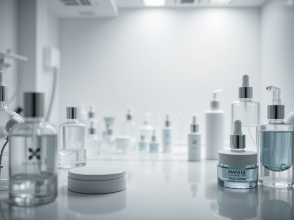 Editorial minimal clinical laboratory environment with soft whites, slate blue and light gray palette