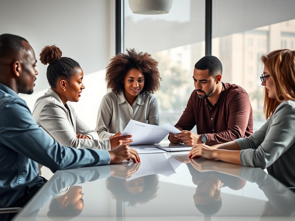 A realistic high-resolution photo of a diverse group of people sitting around a table, engaged in a collaborative discussion about credit profiles. The setting is a bright, modern office space with a large window allowing natural light to fill the room. The group includes a mix of genders and ethnicities, showcasing teamwork and empowerment. They are looking at documents and a laptop, representing the process of building a strong credit profile. The background is simple and clean, emphasizing the focus on t