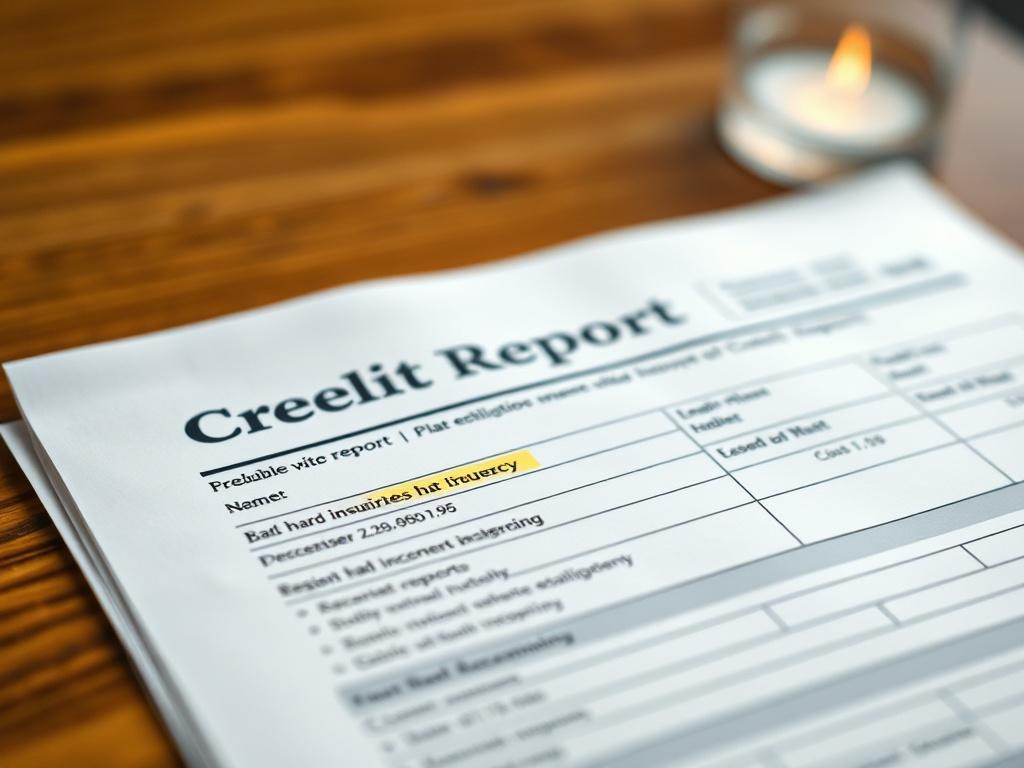 A close-up shot of a credit report with highlighted sections showing hard inquiries. The background should be softly blurred to emphasize the report, with a warm, inviting atmosphere. The image should be realistic and high-resolution, shot with a 45mm f/1.2 lens style, focusing on the details of the report.