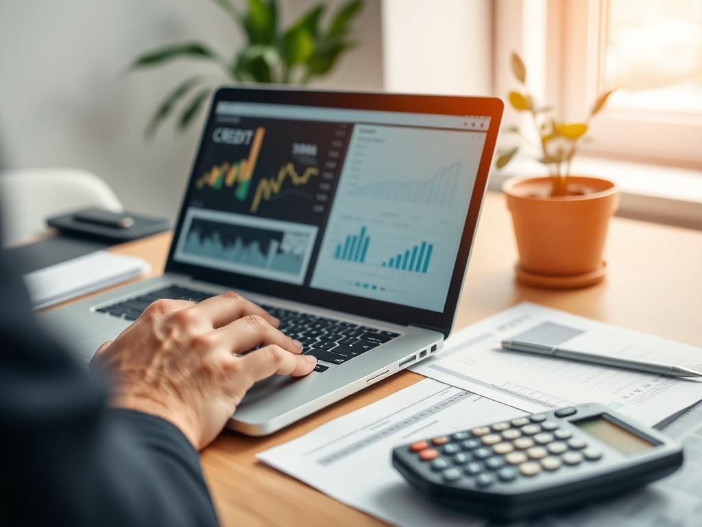 A close-up of a professional individual working on a laptop, surrounded by financial documents and a calculator, in a well-lit office environment. The focus is on the individual's hands typing on the laptop, with business credit-related charts and graphs displayed on the screen. The background features a clean desk with a potted plant, creating a productive and inviting atmosphere. The overall color scheme should incorporate the rgb(37, 141, 245) primary color for a cohesive look.