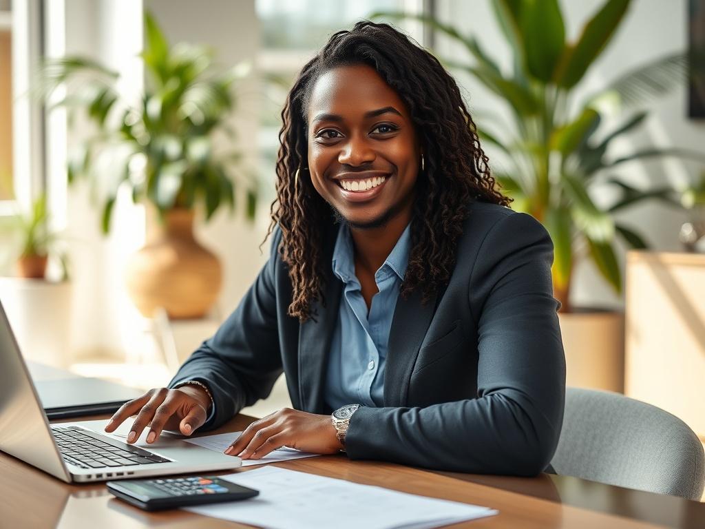 A close-up shot of a confident individual smiling, sitting at a modern desk with a laptop open, surrounded by financial documents and a calculator. The background features a bright, airy office environment with plants and natural light. The individual is wearing business casual attire, conveying a sense of professionalism and optimism. The overall composition should emphasize the warmth and positivity of transforming one's financial future.