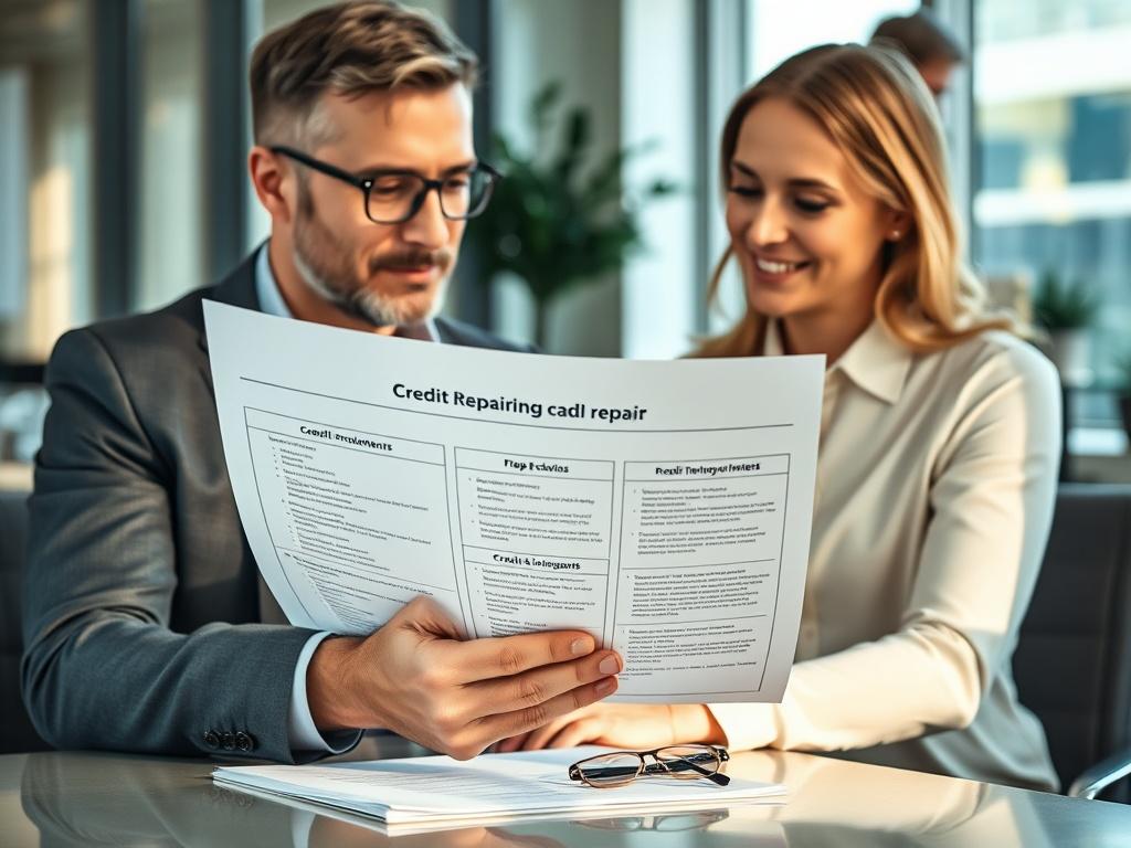 A high-resolution close-up shot of a financial consultant working with a client on credit repair. The consultant is showing a clear, organized document with credit score improvements and strategies. The background should be a modern office setting with soft natural lighting, emphasizing professionalism and trust. The client appears engaged and hopeful, reflecting the positive outcome of the session.