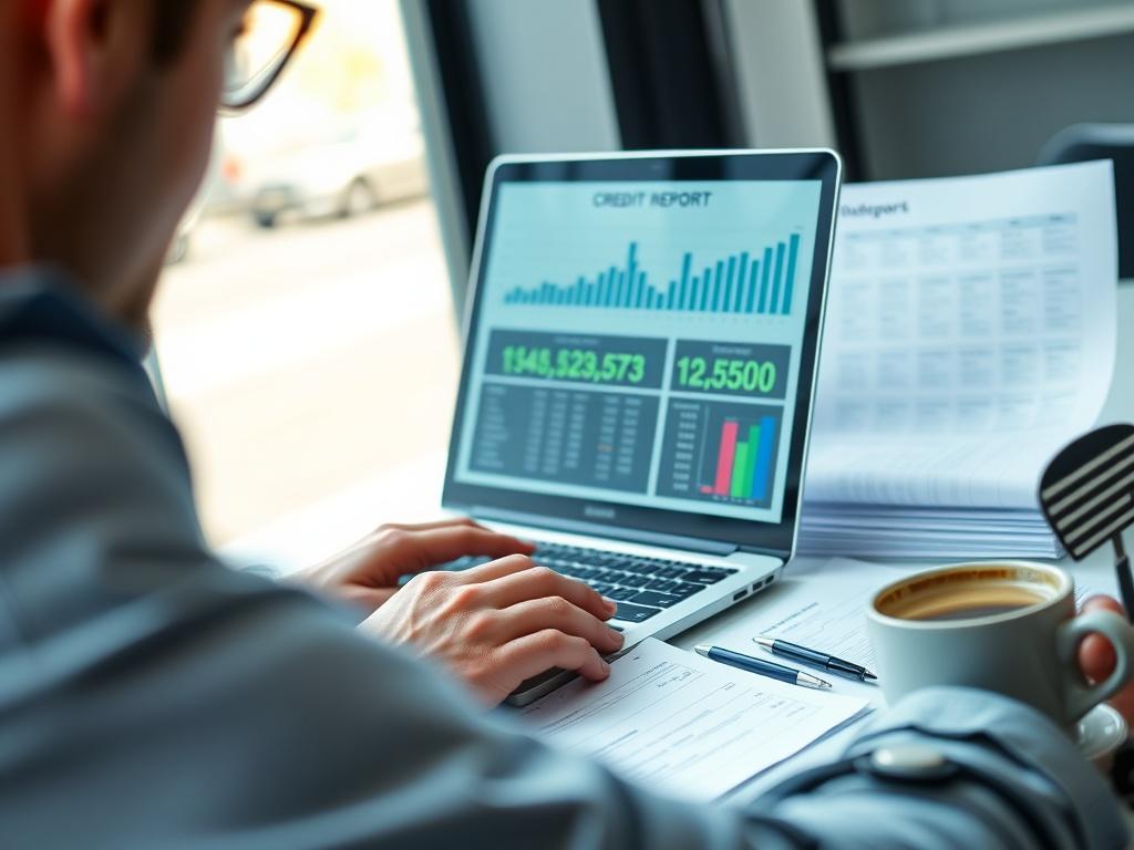 A close-up shot of a professional analyzing a credit report in a modern office. The image focuses on a person with a laptop open, displaying graphs and credit scores. The background is softly blurred, showcasing a well-organized workspace with financial documents and a cup of coffee, emphasizing a sense of clarity and focus in the analysis process.