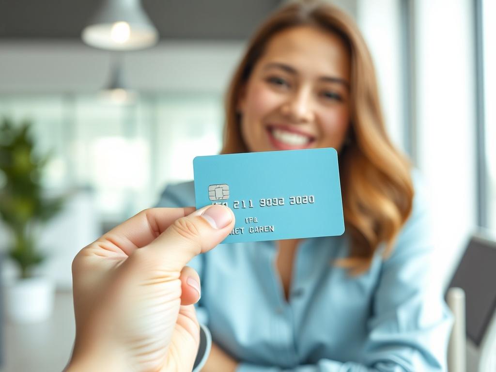 A close-up shot of a hand holding a credit card with a confident smile in the background. The setting is a bright, modern office, conveying a sense of achievement and financial success. The focus is on the card, highlighting its importance in rebuilding credit. The color palette features soft blues and whites, creating a fresh and optimistic atmosphere.